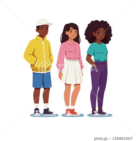 Diverse group of young people standing together casual clothing relaxed and friendly diverse group of friends vector illustration Diverse group of young people standing together casual clothing relaxed and friendly diverse group of friends vector illustration 136861007