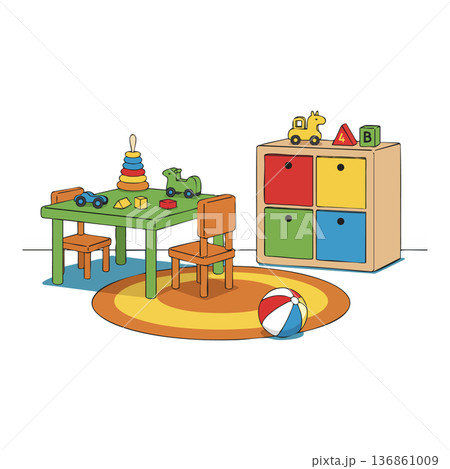 Childrens playroom with colorful toys and furniture including table chairs cubes and ball for early learning and fun environment Childrens playroom with colorful toys and furniture including table chairs cubes and ball for early learning and fun environment 136861009