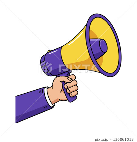 Megaphone held by hand in purple suit sleeve loudspeaker for announcements and communication vector illustration Megaphone held by hand in purple suit sleeve loudspeaker for announcements and communication vector illustration 136861015