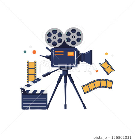 Vintage movie camera with film reels clapperboard and filmstrip vector illustration for cinema and filmmaking design Vintage movie camera with film reels clapperboard and filmstrip vector illustration for cinema and filmmaking design 136861031
