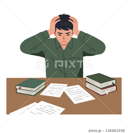 Young man stressed studying with books and papers feeling overwhelmed with homework pressure vector illustration Young man stressed studying with books and papers feeling overwhelmed with homework pressure vector illustration 136861036