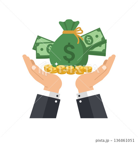 Money bag with coins and dollar bills held by hands symbolizing wealth and financial success concept illustration vector 136861051