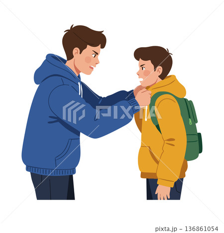 Aggressive teenage boy bullying younger schoolboy with yellow hoodie and green backpack vector illustration Aggressive teenage boy bullying younger schoolboy with yellow hoodie and green backpack vector illustration 136861054