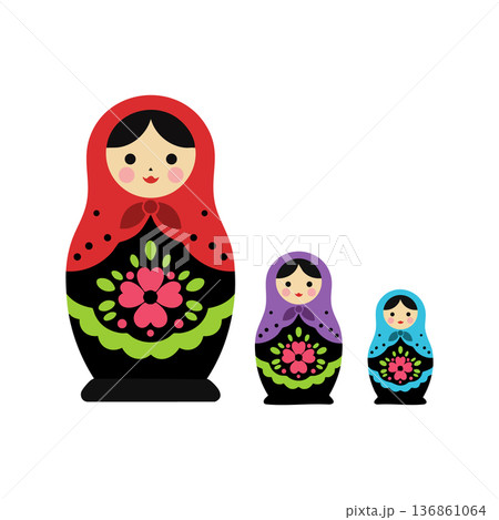 Russian nesting dolls traditional matryoshka set with floral ornament in red purple and blue colors vector illustration 136861064