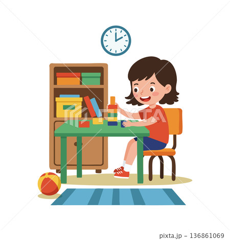 Child playing with colorful blocks at home table with bookshelf and clock in cozy room vector illustration 136861069