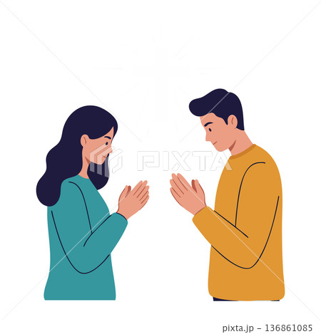 Man and woman facing each other with hands pressed in respectful greeting gesture vector illustration 136861085