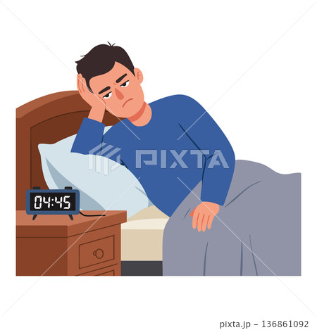 Man struggling with insomnia lying awake in bed early morning vector illustration Man struggling with insomnia lying awake in bed early morning vector illustration 136861092