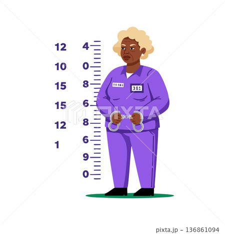 Black female prisoner in purple uniform standing with handcuffs and height measurement background vector illustration 136861094