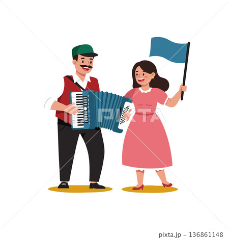 Man playing accordion and woman waving blue flag celebrating together vector illustration cheerful scene Man playing accordion and woman waving blue flag celebrating together vector illustration cheerful scene 136861148