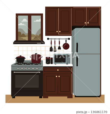Kitchen interior with stove refrigerator wooden cabinets microwave and cooking utensils vector illustration 136861170