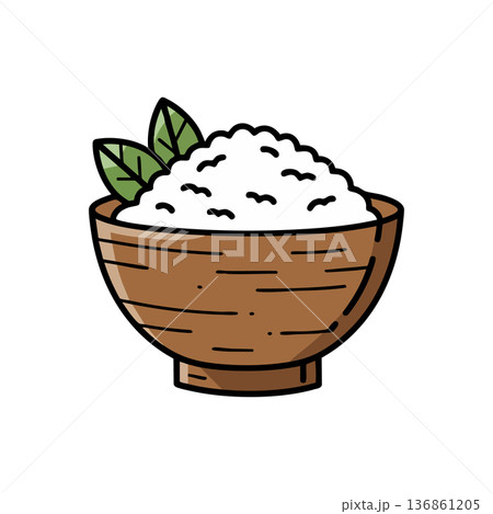 Wooden bowl filled with white rice grains and green leaves simple vector food illustration Wooden bowl filled with white rice grains and green leaves simple vector food illustration 136861205