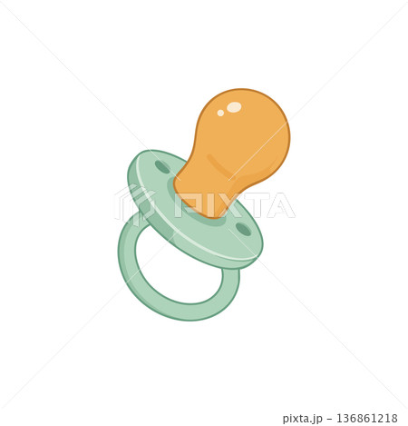 Baby pacifier with orange nipple and green handle vector illustration for infant soothing tool and newborn comfort design 136861218