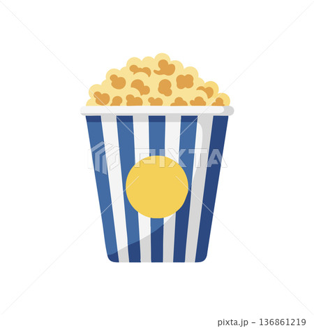 Popcorn bucket with yellow popcorn kernels striped blue and white container vector illustration snack food cinema treat 136861219