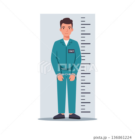 Prisoner standing in front of height measurement chart wearing handcuffs and prison uniform vector illustration 136861224