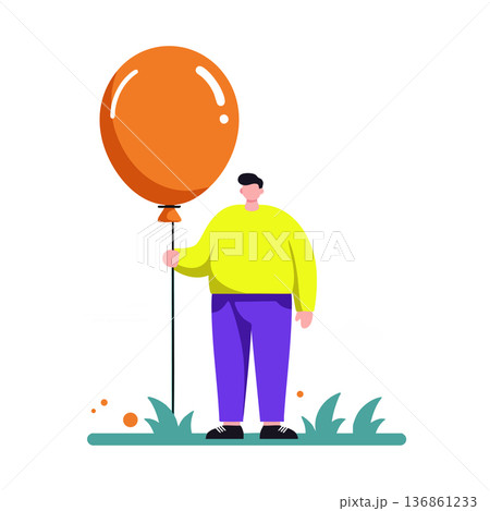 Man holding orange balloon standing on grass in casual outfit bright colors vector illustration Man holding orange balloon standing on grass in casual outfit bright colors vector illustration 136861233