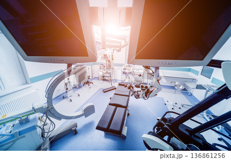 Modern equipment in operating room. Medical devices for neurosurgery. Modern equipment in operating room. Medical devices for neurosurgery. 136861256