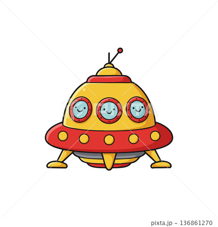 Cute yellow and red spaceship with smiling faces in windows vector illustration 136861270