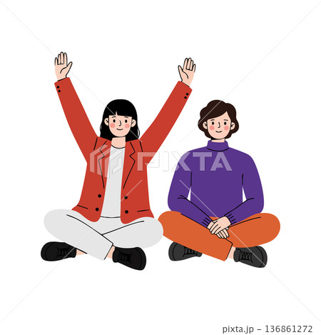 Two young adults sitting cross-legged with raised hands in casual clothing vector illustration 136861272
