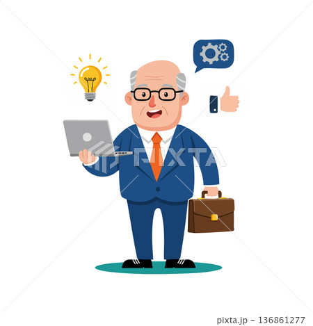 Senior businessman holding laptop with briefcase and innovation idea vector illustration Senior businessman holding laptop with briefcase and innovation idea vector illustration 136861277