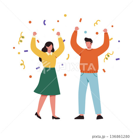 Celebrating man and woman with raised arms and colorful confetti illustration vector Celebrating man and woman with raised arms and colorful confetti illustration vector 136861280