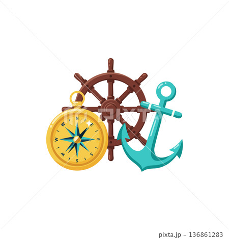 Nautical compass anchor and ship steering wheel vector set for marine navigation and sailing design elements 136861283