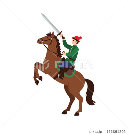 Horse rider wielding sword in green uniform and red hat on rearing brown horse vector illustration Horse rider wielding sword in green uniform and red hat on rearing brown horse vector illustration 136861293