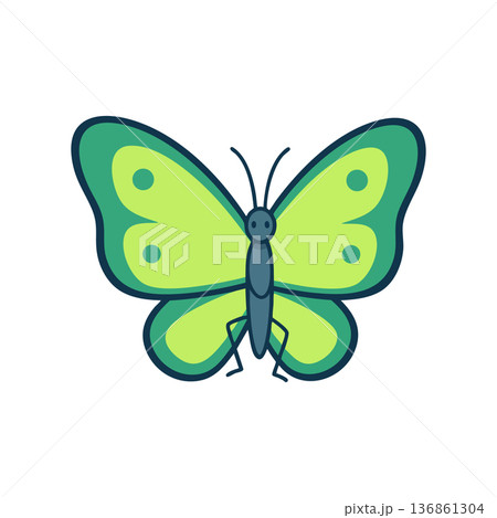 Green butterfly vector with dark outlines and symmetrical wing pattern in bright colors for nature design projects 136861304