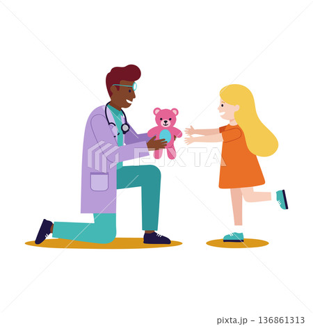 Doctor giving pink teddy bear to happy little girl in orange dress vector illustration of pediatric care and kindness Doctor giving pink teddy bear to happy little girl in orange dress vector illustration of pediatric care and kindness 136861313