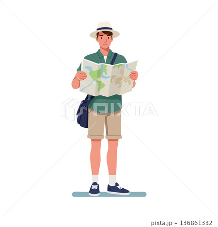 Male tourist standing holding map exploring travel destination with hat and casual outfit vector illustration Male tourist standing holding map exploring travel destination with hat and casual outfit vector illustration 136861332