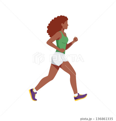Woman running outdoors active fitness exercise jogging in green tank top and white shorts vector illustration Woman running outdoors active fitness exercise jogging in green tank top and white shorts vector illustration 136861335