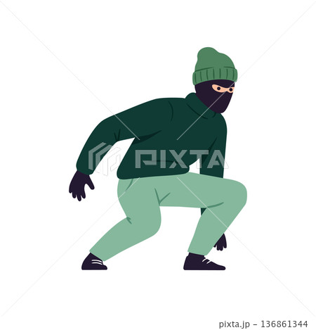 Masked man crouching in green beanie and dark clothes preparing to move stealthily vector illustration Masked man crouching in green beanie and dark clothes preparing to move stealthily vector illustration 136861344
