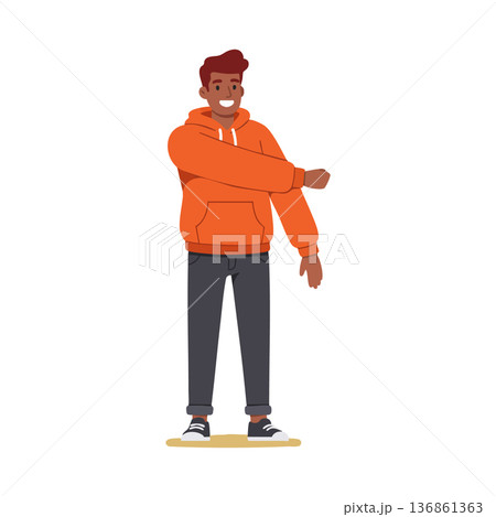 Young man stretching arm in casual orange hoodie and dark pants vector illustration in modern flat style 136861363