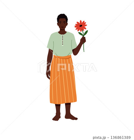 Woman holding red flower in striped orange skirt and light green top casual standing pose vector illustration Woman holding red flower in striped orange skirt and light green top casual standing pose vector illustration 136861389