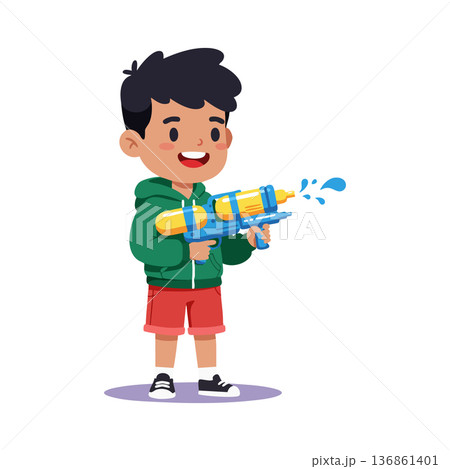 Boy with water gun wearing green hoodie and red shorts playing happily vector illustration 136861401