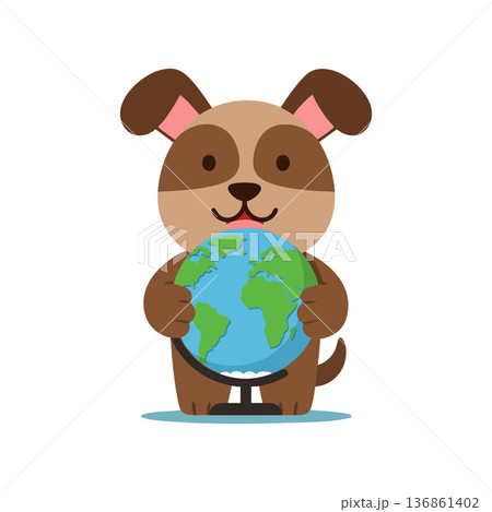 Cute dog holding globe earth illustration for environmental awareness and pet themes 136861402