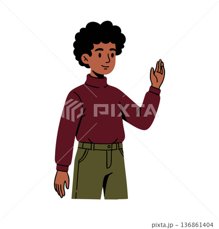 Young man with curly hair waving hand in casual outfit vector illustration Young man with curly hair waving hand in casual outfit vector illustration 136861404