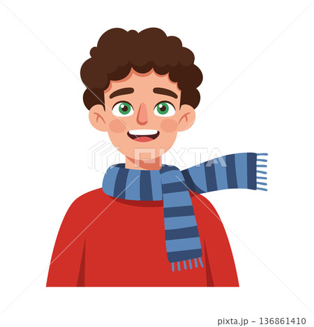 Young man wearing red sweater and blue striped scarf smiling vector illustration 136861410