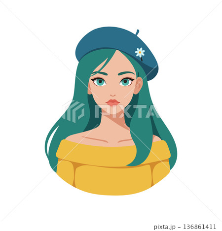 Young woman with teal hair wearing blue beret and yellow off shoulder top portrait illustration 136861411