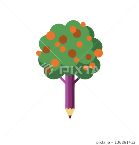 Tree shaped as green foliage with orange fruit and pencil trunk vector illustration 136861412