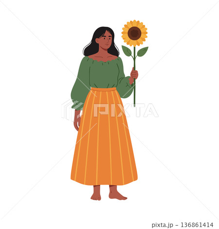 Woman holding sunflower wearing green blouse and orange skirt vector illustration 136861414