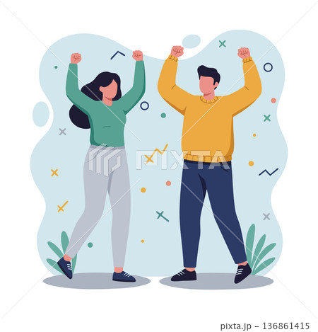 Young man and woman celebrating success with raised arms in casual clothing vector illustration 136861415