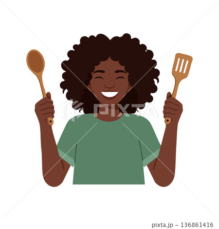 Young woman holding wooden kitchen utensils cooking and smiling vector illustration 136861416