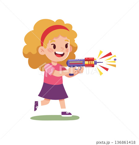 Girl playing with colorful toy gun in playful outdoor scene cheerful expression 136861418