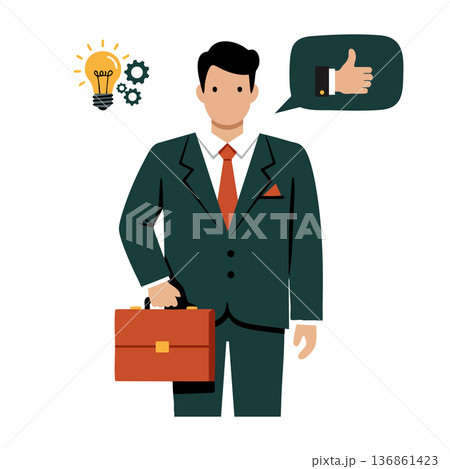 Businessman holding briefcase with idea light bulb and thumbs up speech bubble vector illustration Businessman holding briefcase with idea light bulb and thumbs up speech bubble vector illustration 136861423
