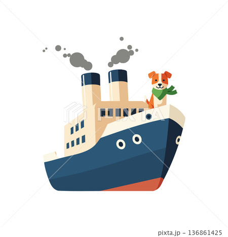 Steamship with happy dog on bow cartoon style vector illustration nautical transport design Steamship with happy dog on bow cartoon style vector illustration nautical transport design 136861425
