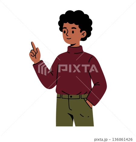 Young person pointing upward wearing maroon sweater and olive pants vector illustration 136861426