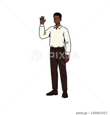 Man waving hand greeting gesture casual clothing vector illustration Man waving hand greeting gesture casual clothing vector illustration 136861427
