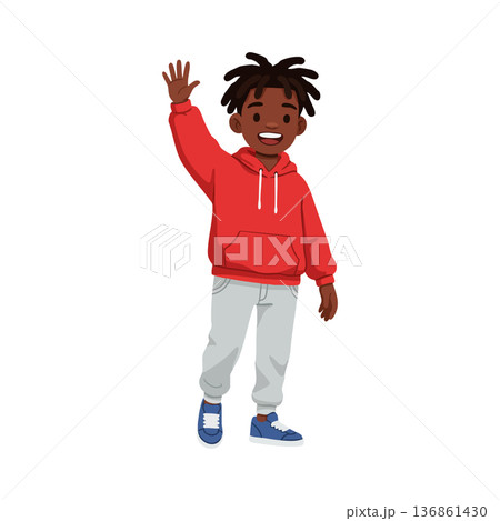 African American boy waving hand in red hoodie and gray pants vector illustration 136861430