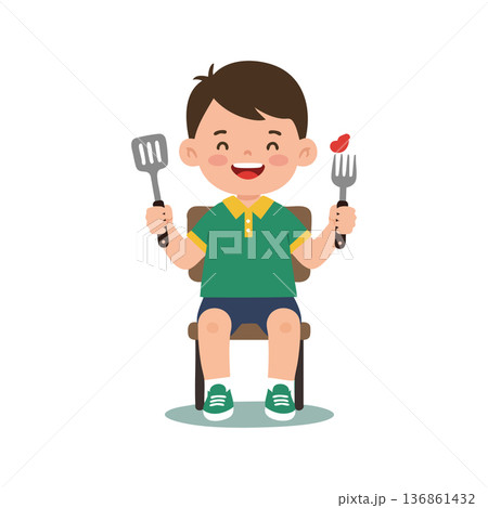 Happy boy sitting on chair holding fork and spatula ready to eat food vector illustration 136861432