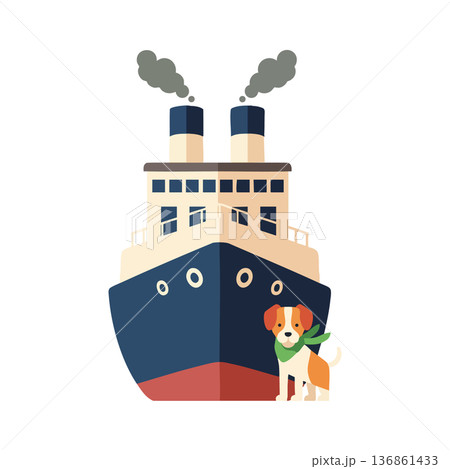 Ship with chimney smoke and small dog at bow vector illustration design 136861433